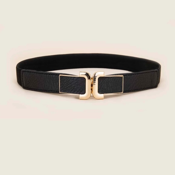 Rouge! Accessories - Black Leather Detail Gold Buckle Elastic Skinny Belt